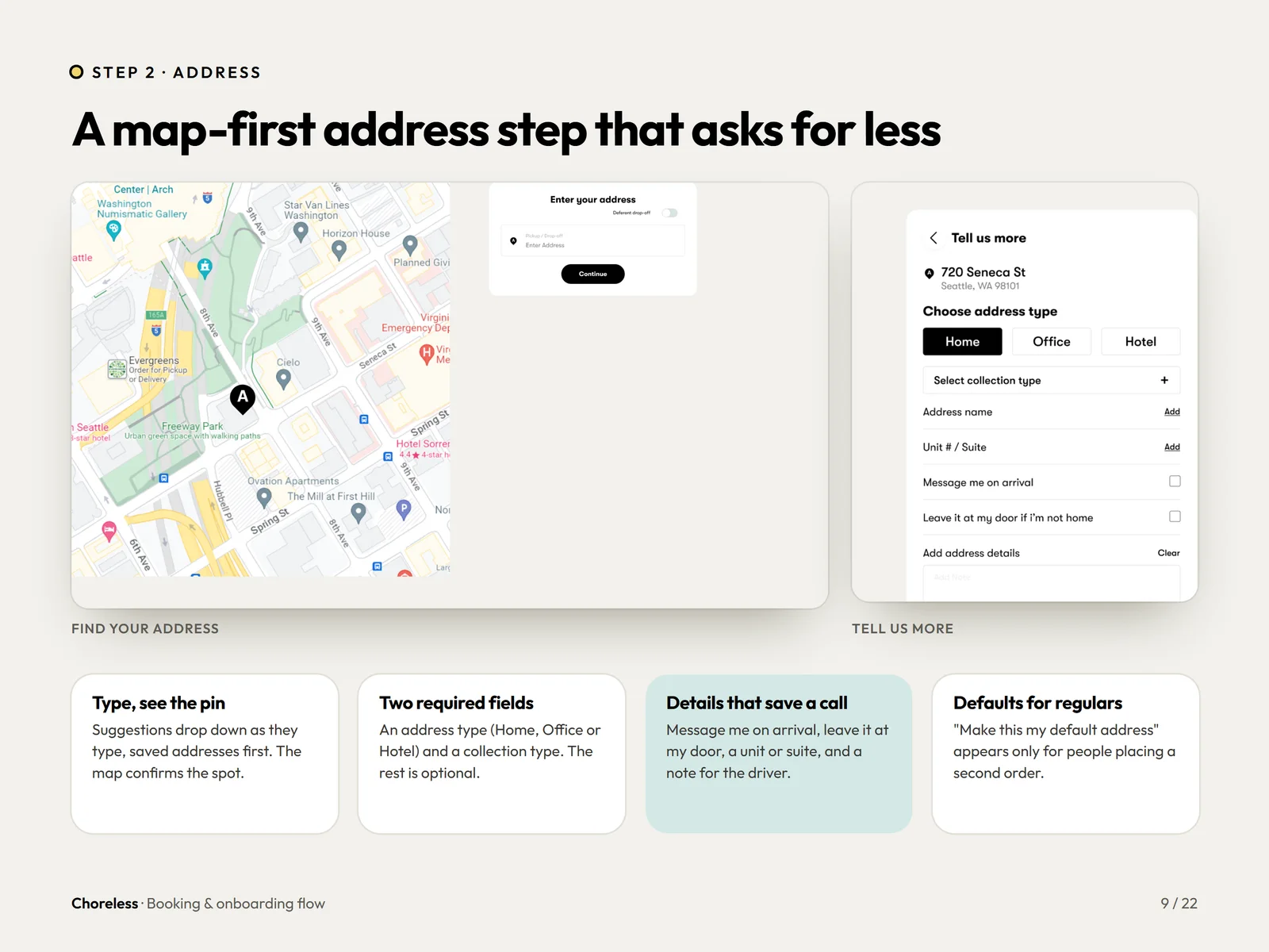 Choreless booking address step with a map, address suggestions and address type choices