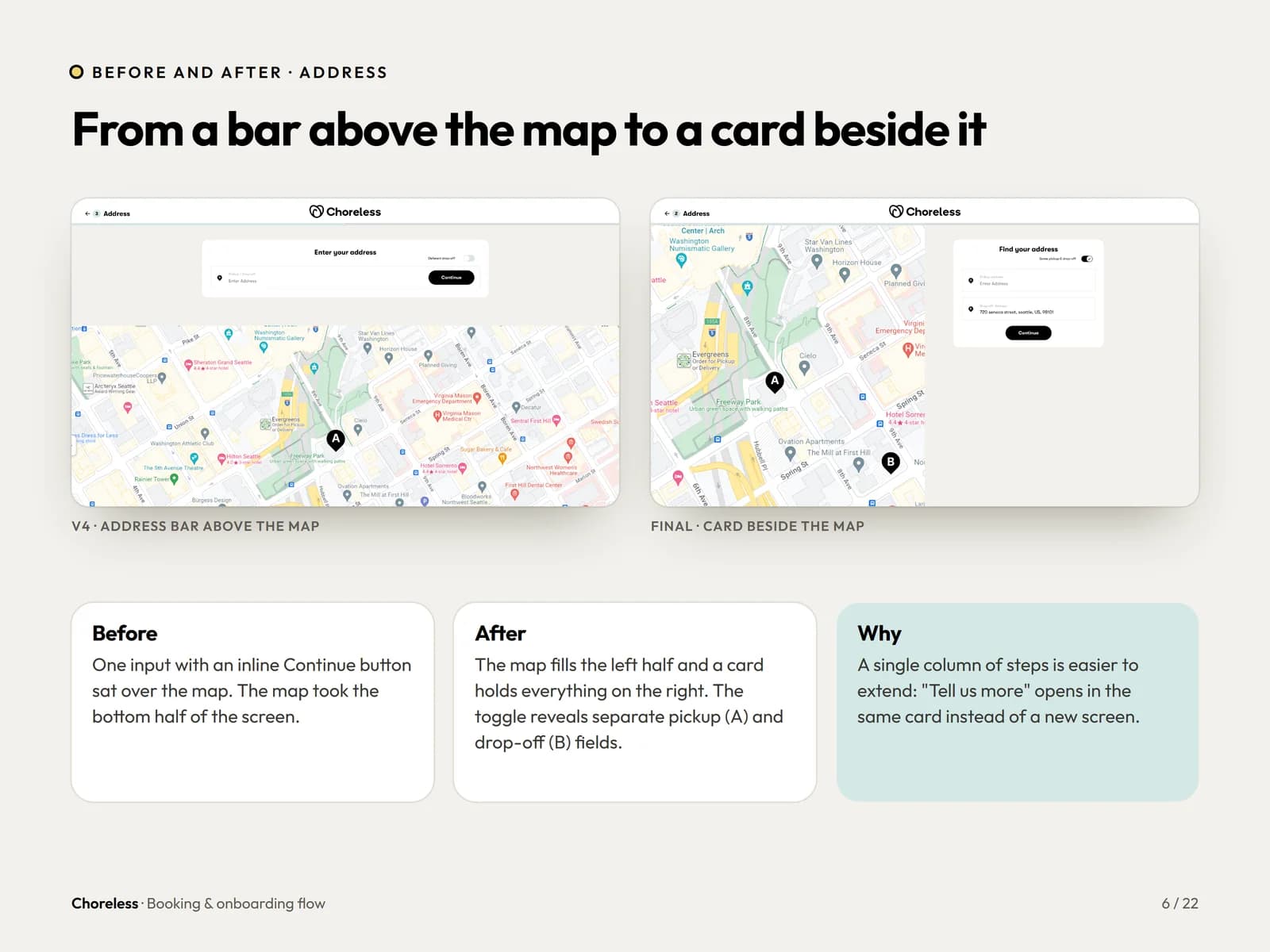 Choreless address step before and after: an address bar above the map replaced by a card beside it