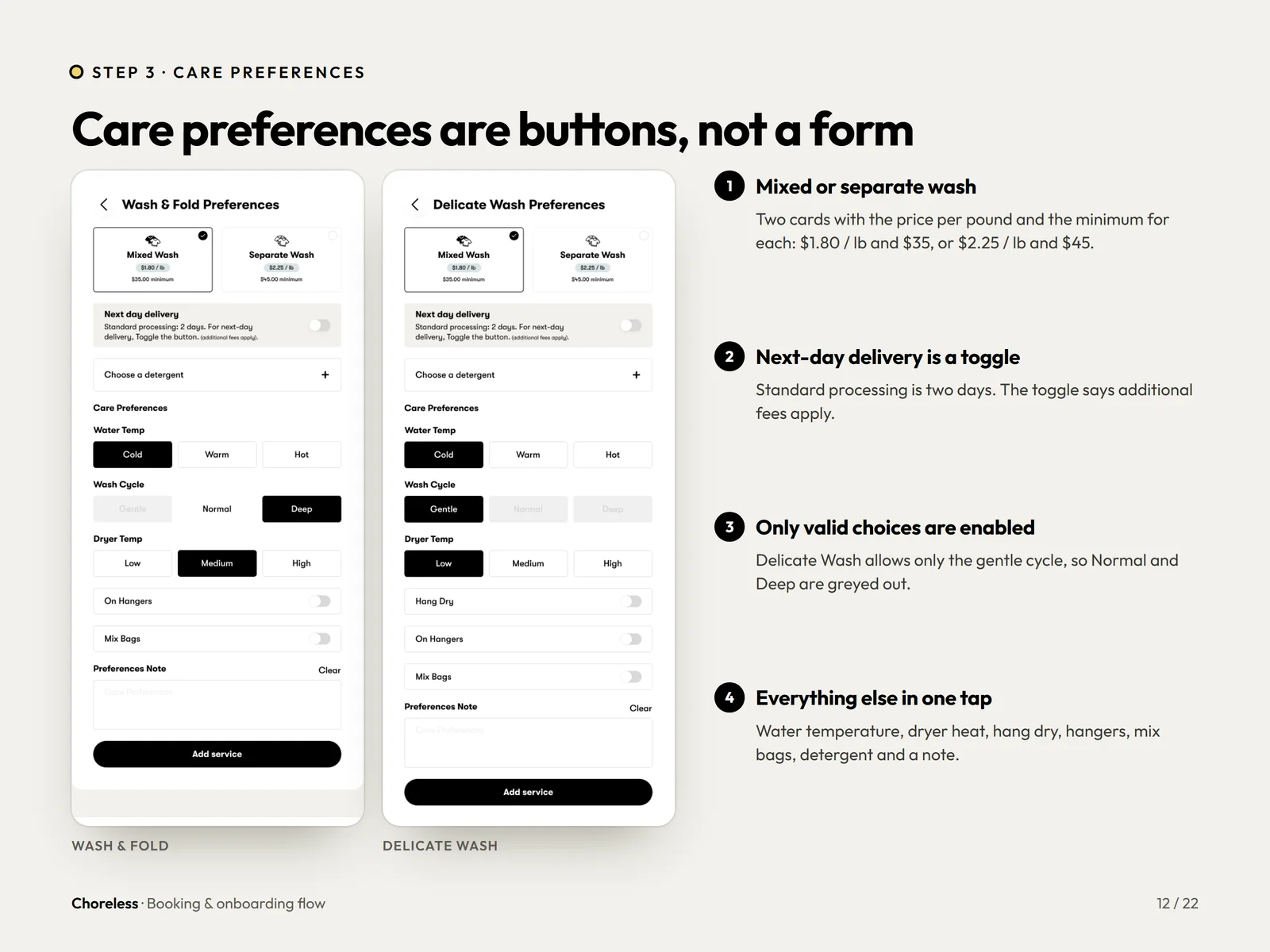 Choreless care preferences as buttons for wash and delicate wash settings