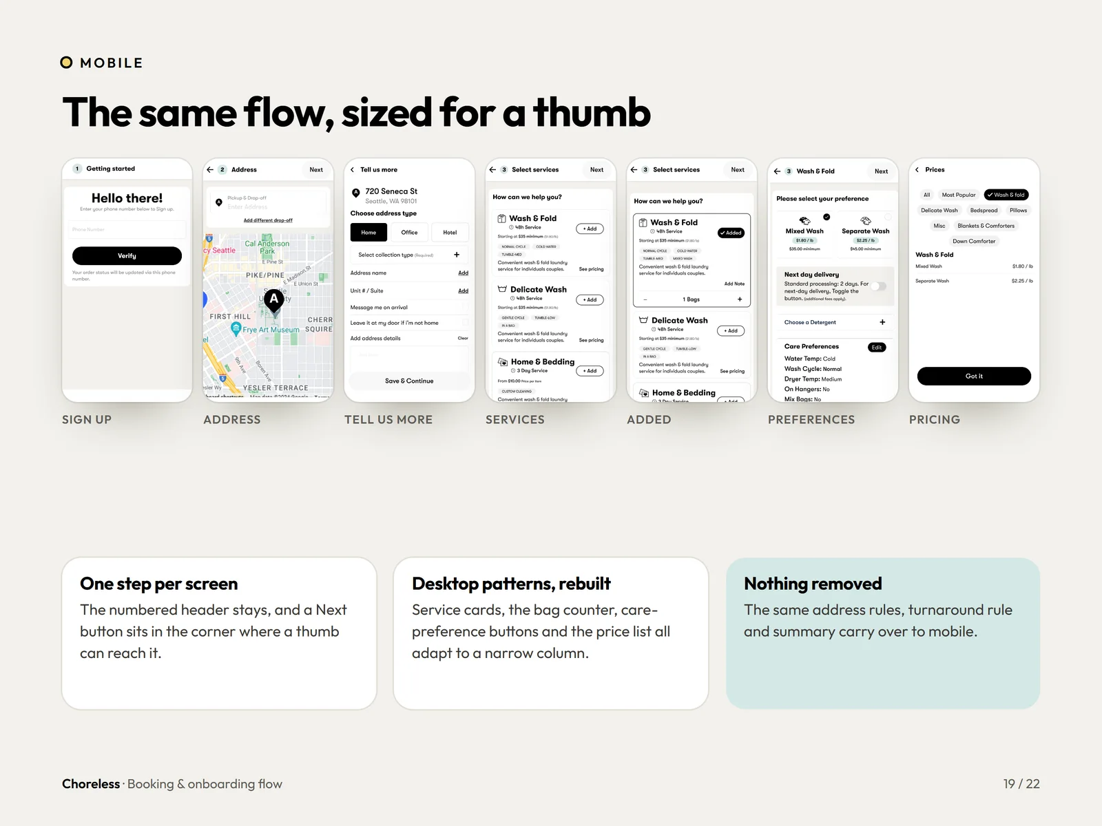 Choreless booking flow on mobile: sign up, address, services, preferences and pricing screens