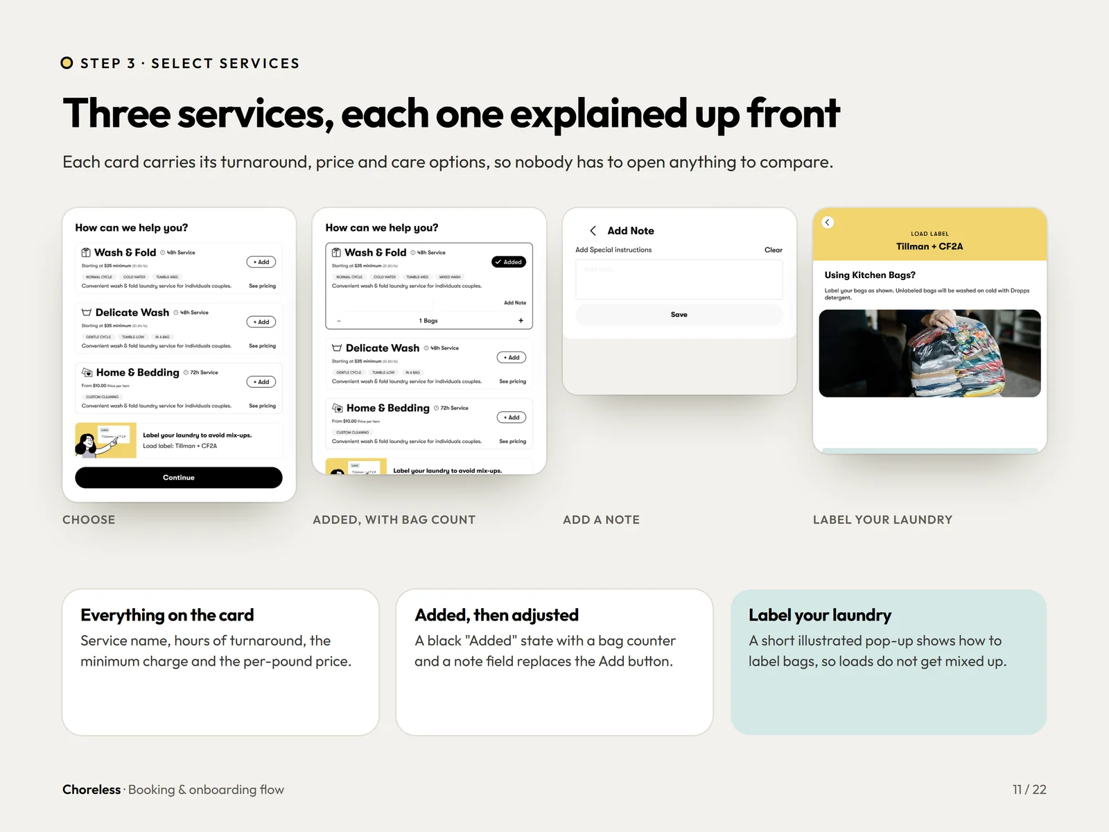 Choreless booking services step: Wash and Fold, Delicate Wash and Home and Bedding cards with prices and turnaround
