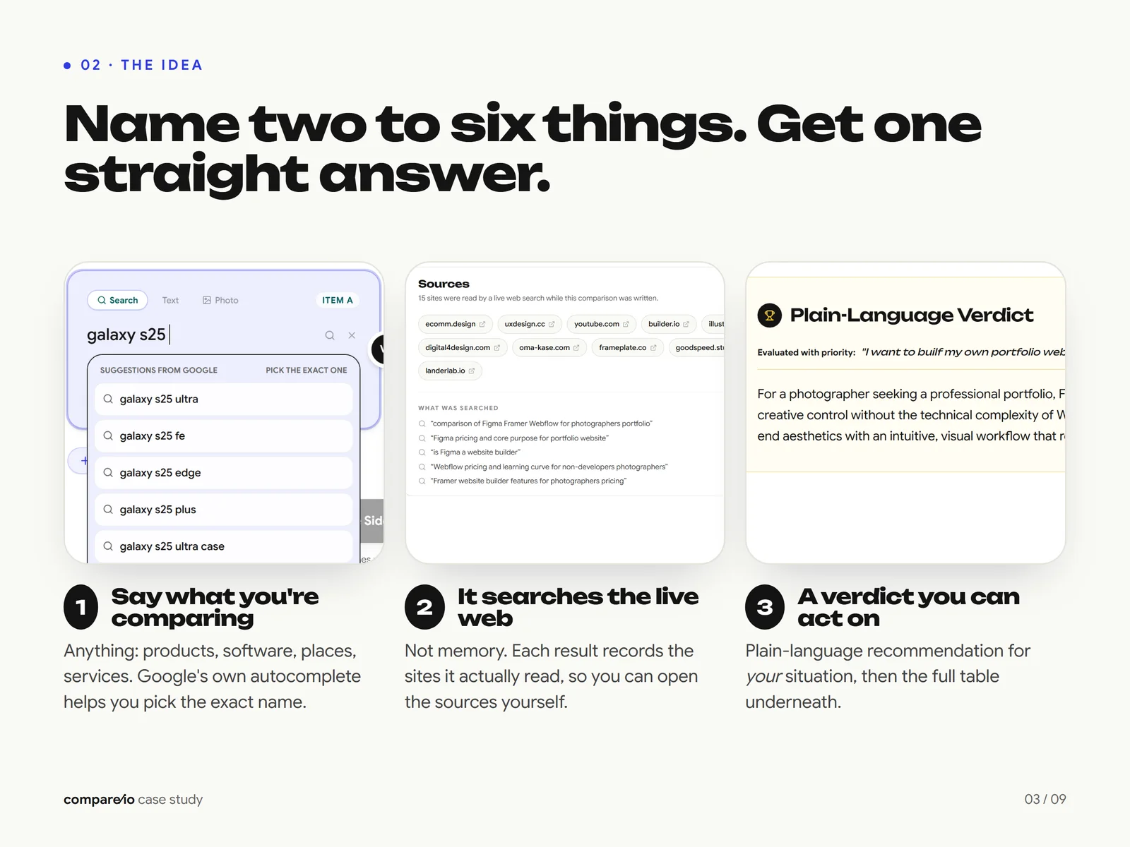compare IO flow: say what you are comparing, it searches the live web, then returns a verdict
