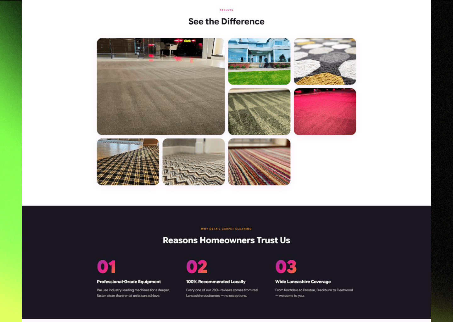 Grid of before-and-after carpet cleaning results photos from Detail Carpet Cleaning across Lancashire homes and businesses