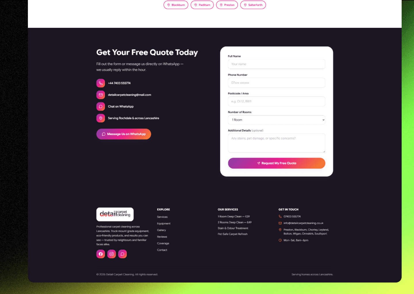 Custom-coded free quote form for Detail Carpet Cleaning that routes directly to WhatsApp on submission