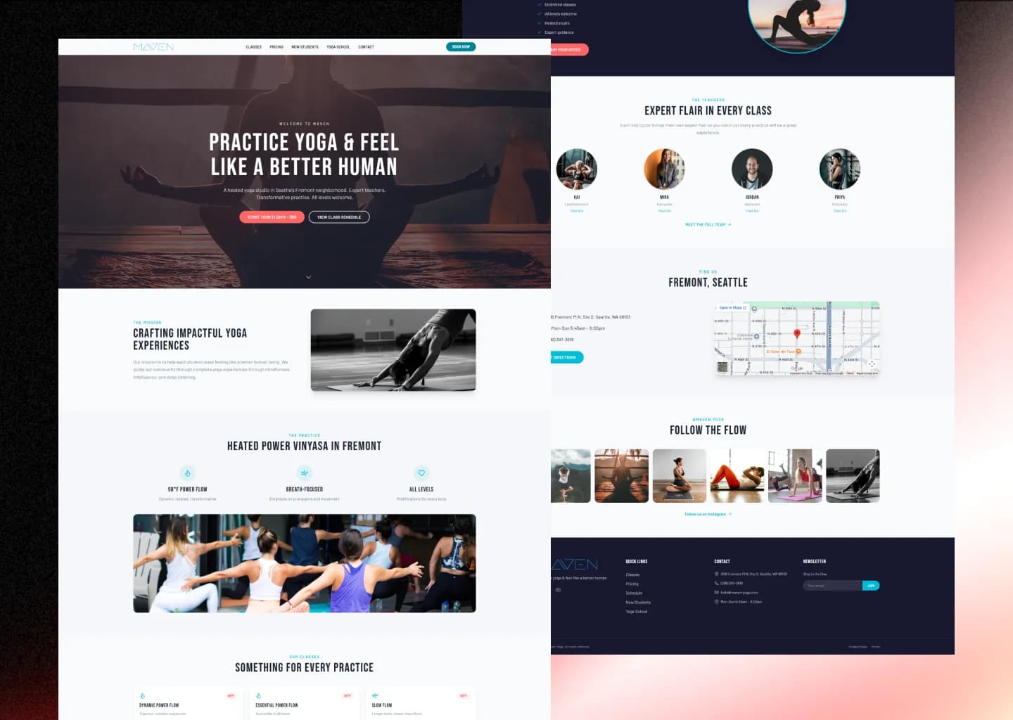 The full redesigned Maven Yoga Studio homepage, from the hero through the heated power vinyasa icons to the class offerings and Fremont location