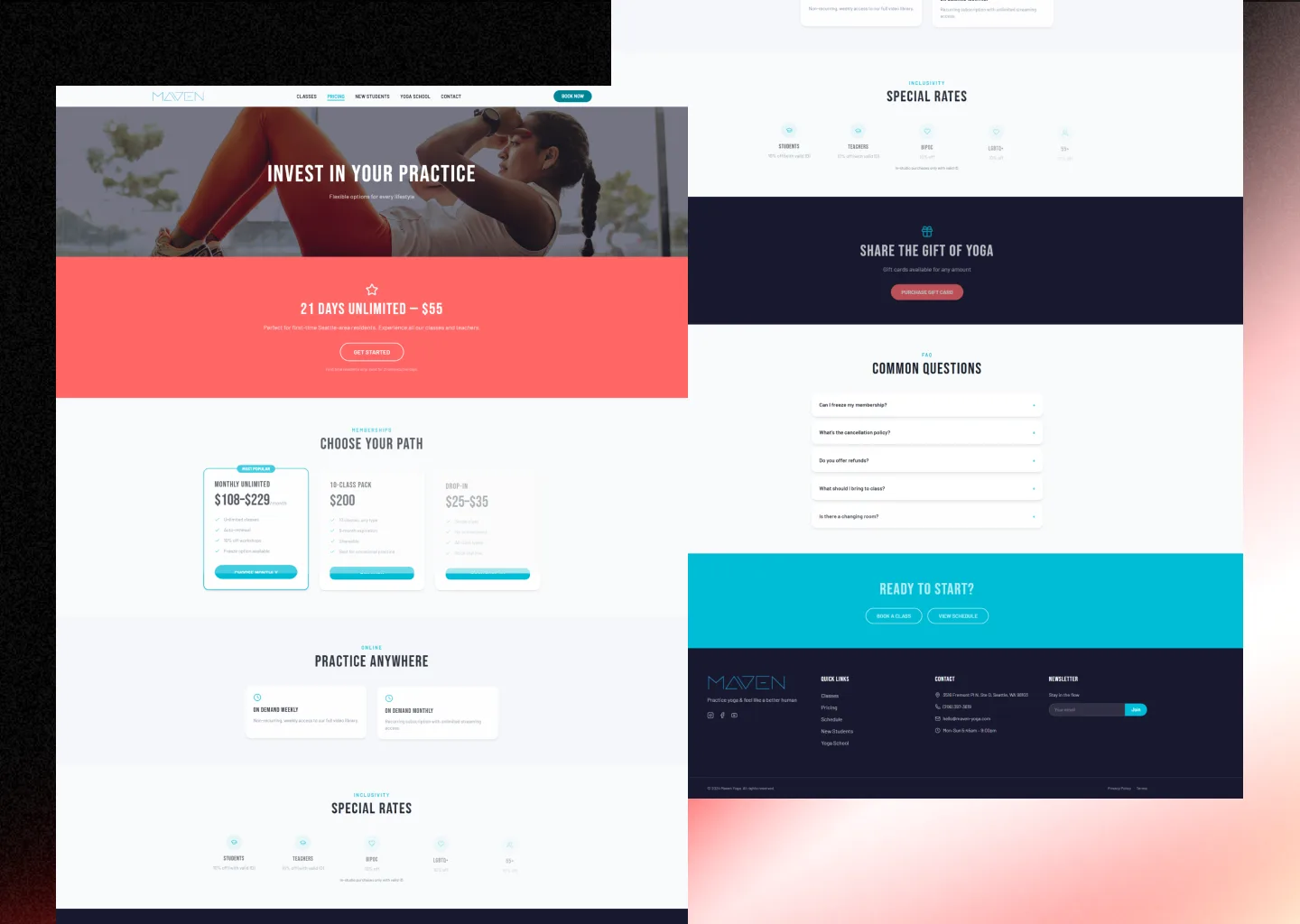 Maven Yoga Studio pricing page showing membership tiers, class packs, drop-in rates, on-demand options and special inclusivity rates