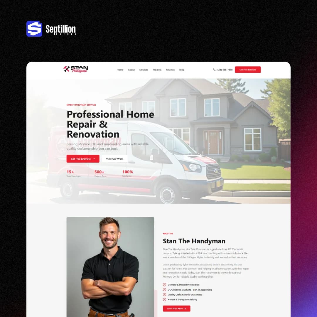 Handyman website design for Stan The Handyman: the homepage hero reading Professional home repair and renovation, above the About Us section introducing the owner