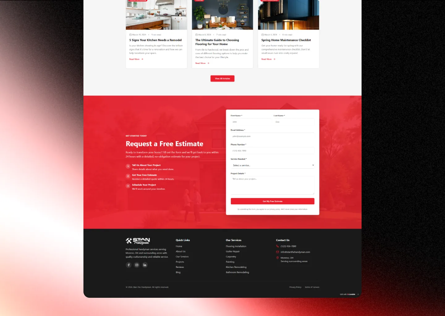 Stan The Handyman Request a Free Estimate section with a three-step process beside a form asking for name, contact details, service needed and project details