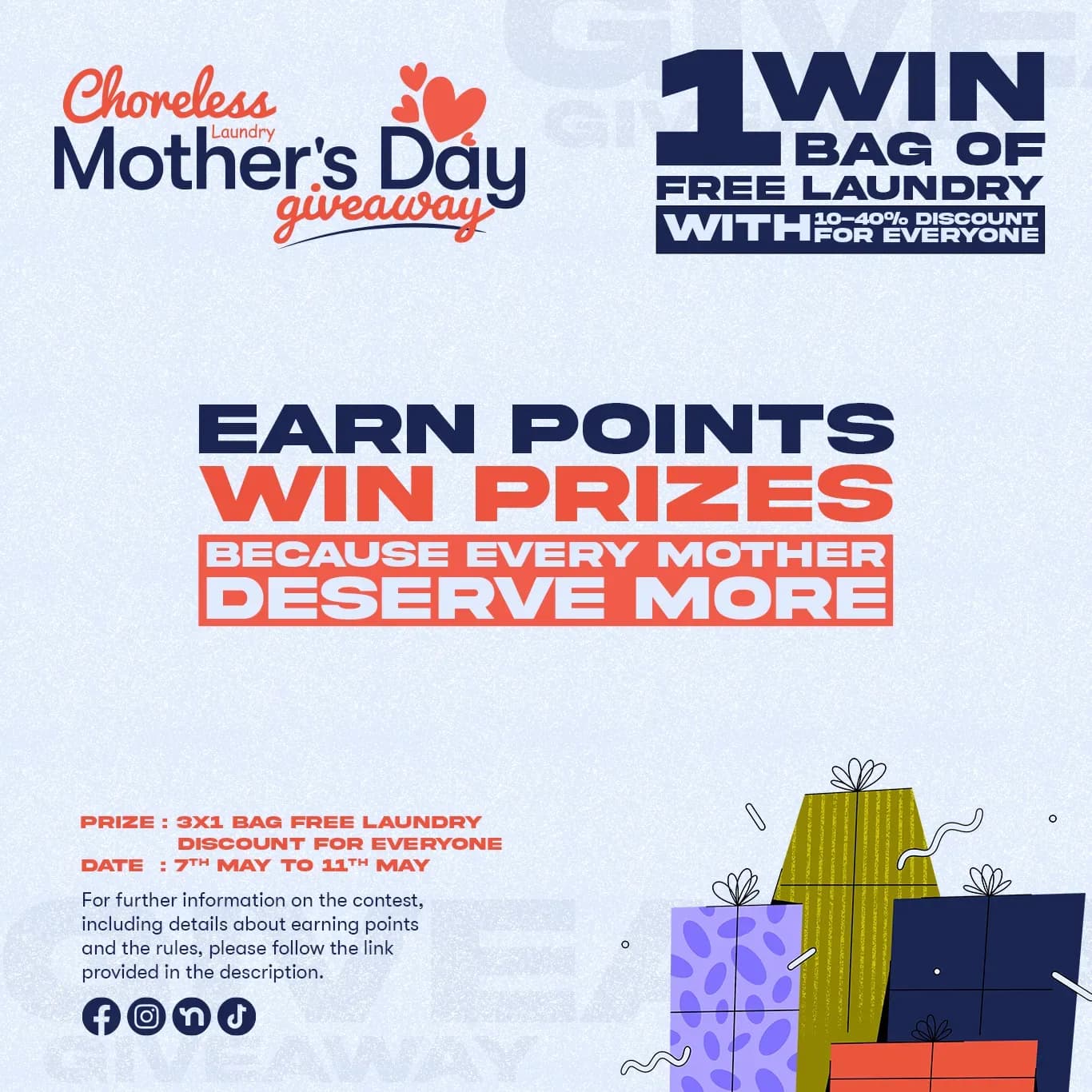 Choreless Laundry Mother's Day giveaway post — earn points, win prizes, with a free laundry bag as the prize