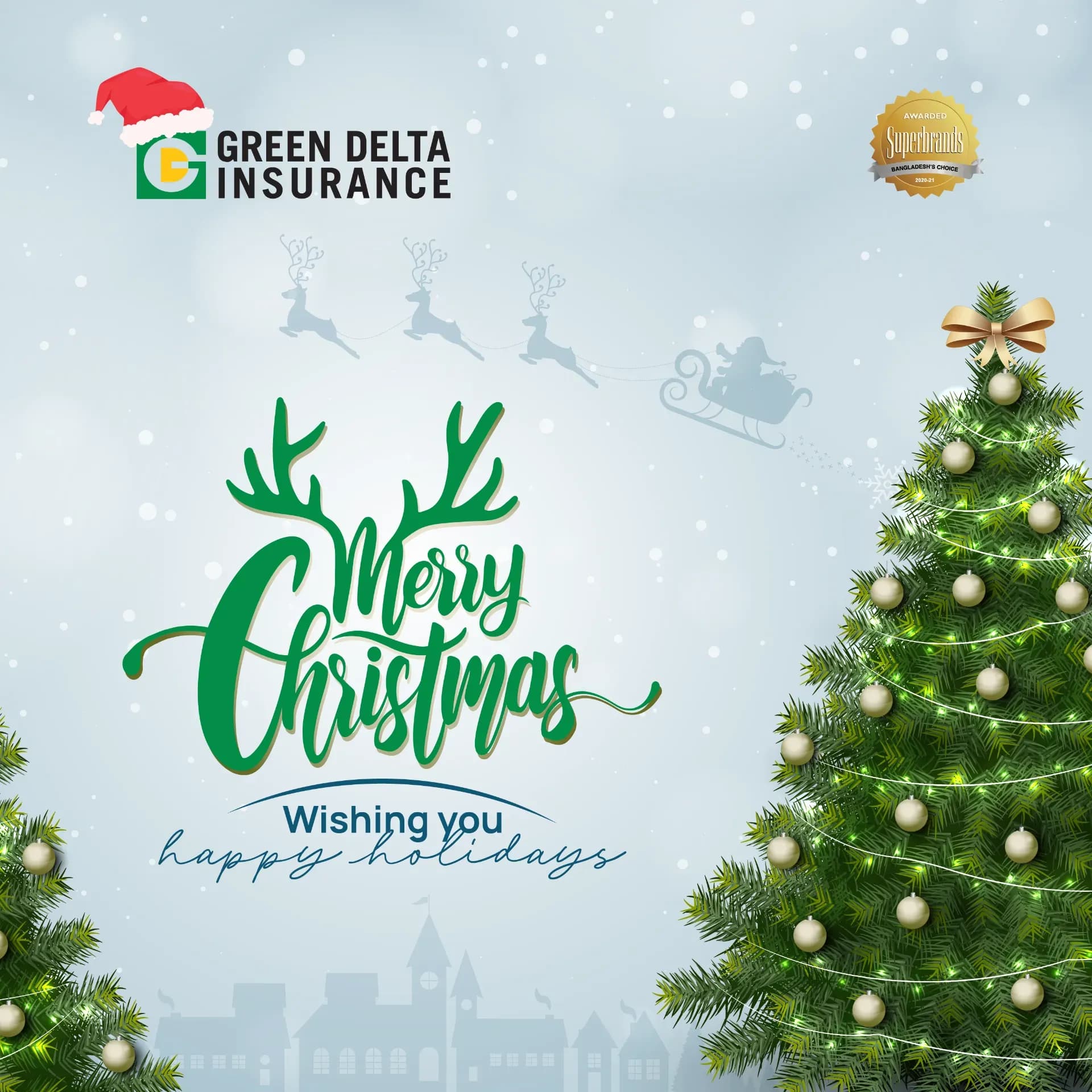 Green Delta Insurance Christmas greeting post with a decorated tree and reindeer lettering