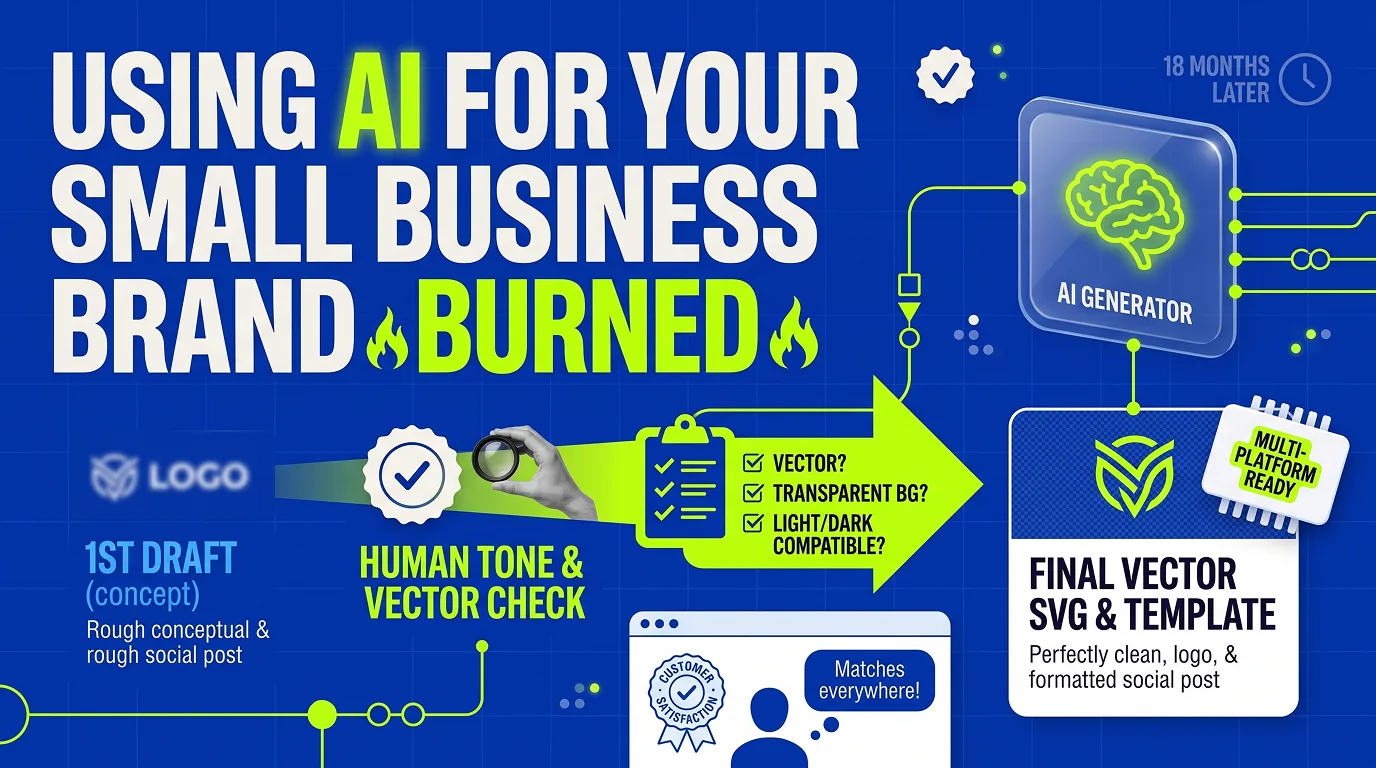 A workflow running from a rough AI first draft, through a human tone and vector check for transparent background and light or dark use, to a finished vector logo and social template.