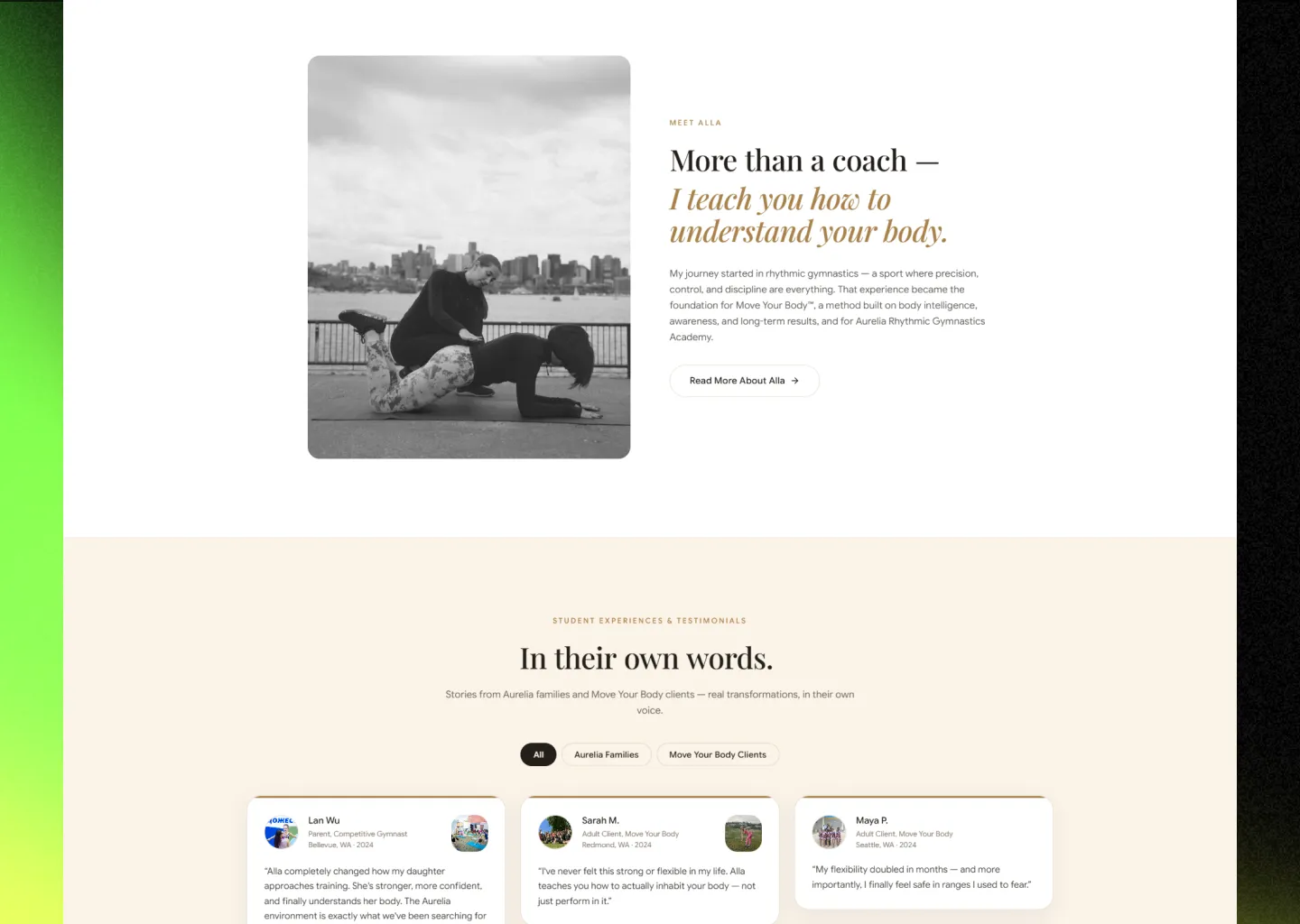 Testimonials section on Alla Shalimova's site with filter tabs for Aurelia Families and Move Your Body Clients