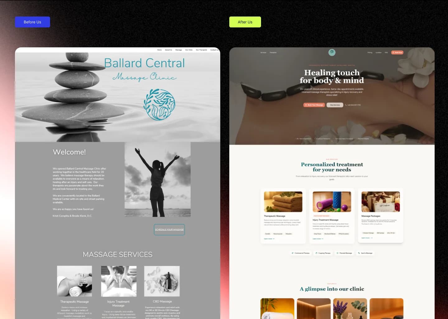Before and after comparison of the Ballard Central Massage Clinic homepage: the original greyscale stacked-stones hero beside the redesigned warm hero and service cards