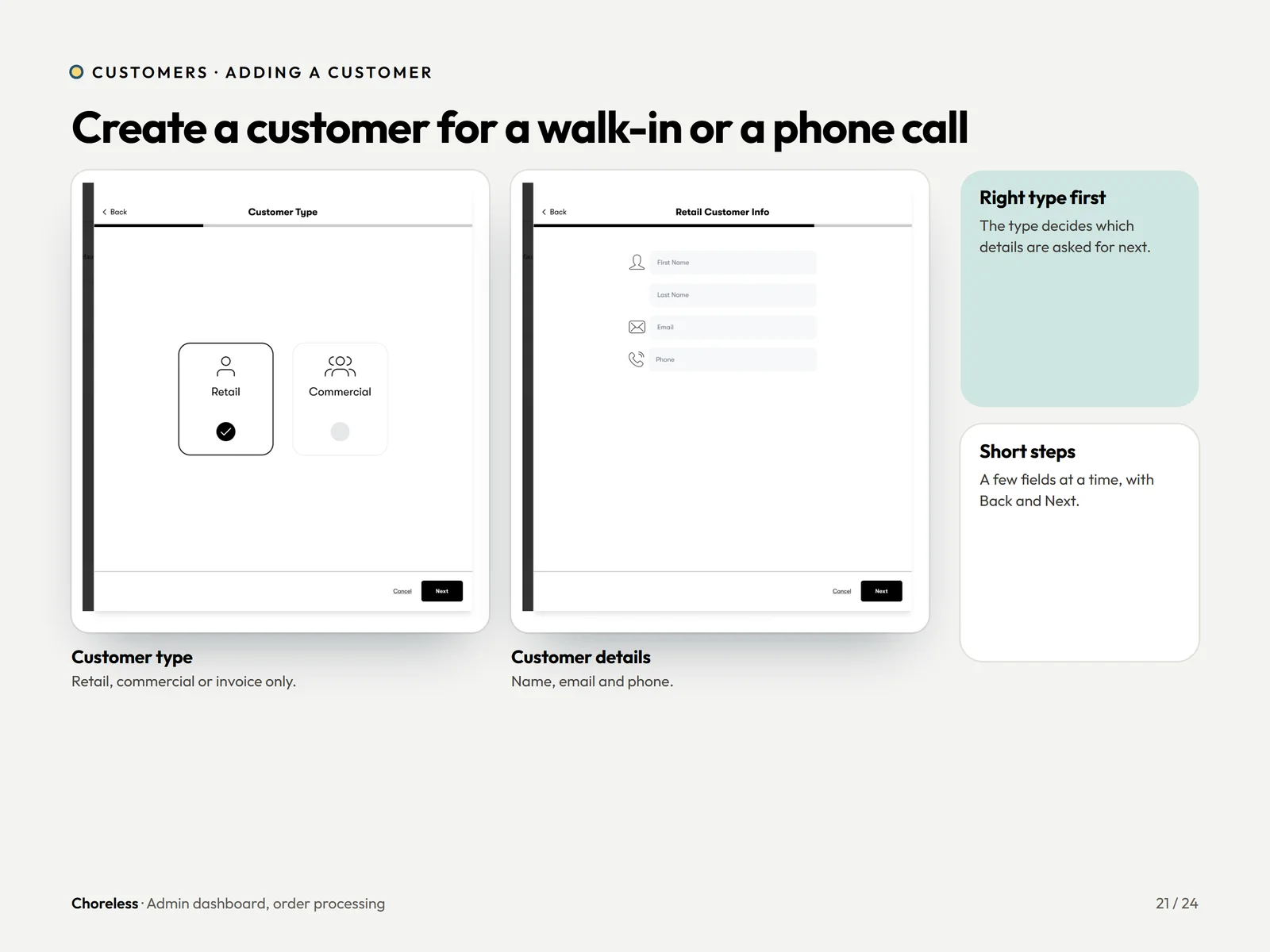 Choreless admin create customer screens: choose retail or commercial, then enter name, email and phone