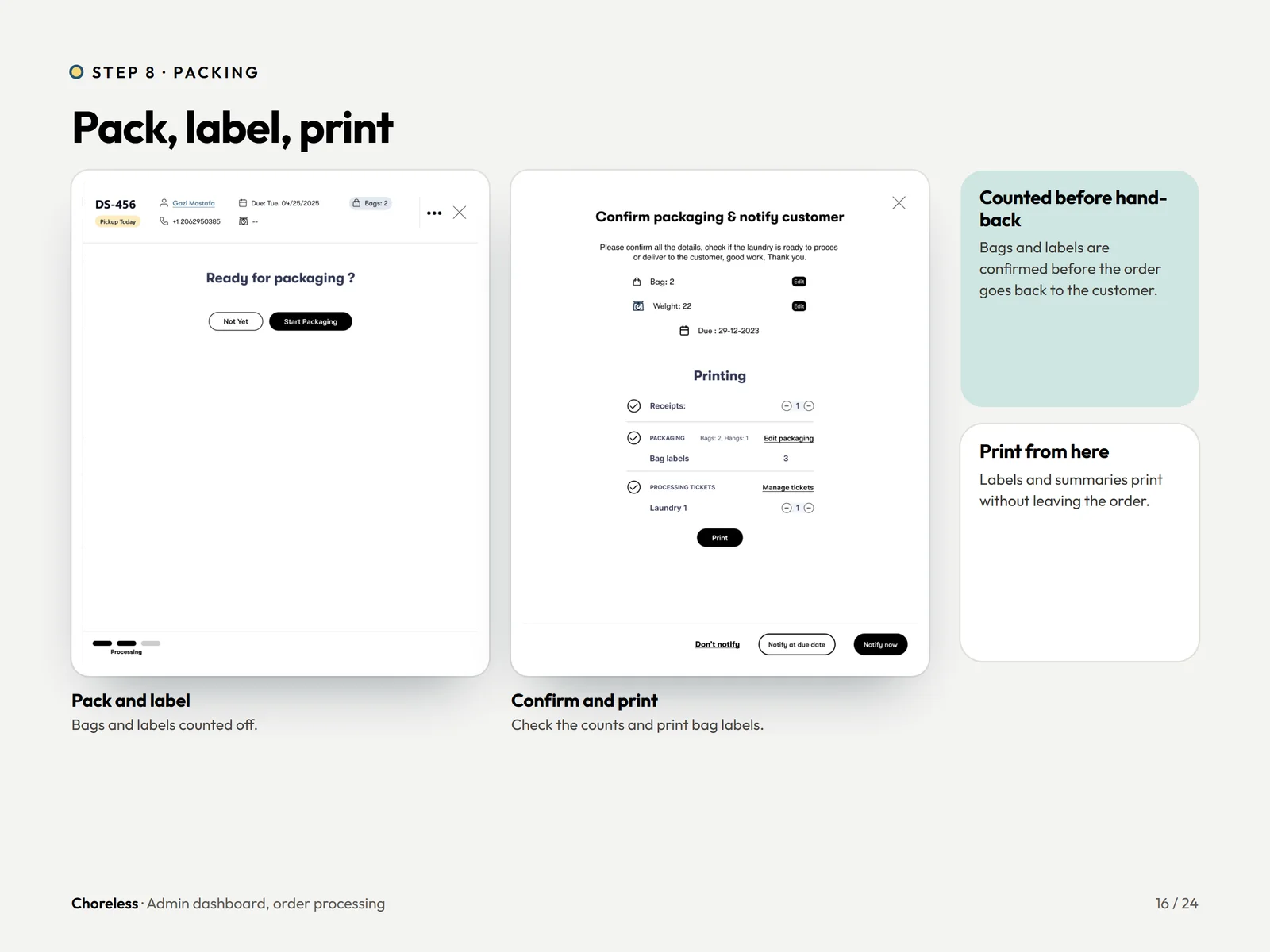 Choreless admin packing screens: ready for packaging, confirm packaging and print labels