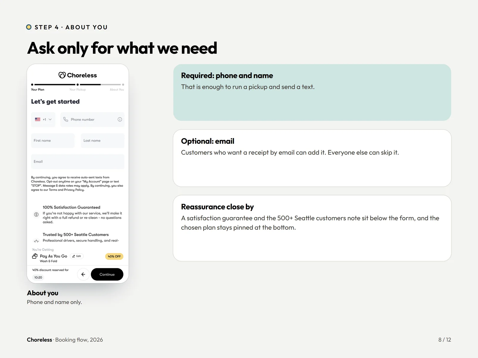 Choreless booking step four: a short sign-up form asking only for phone number and name, with email optional