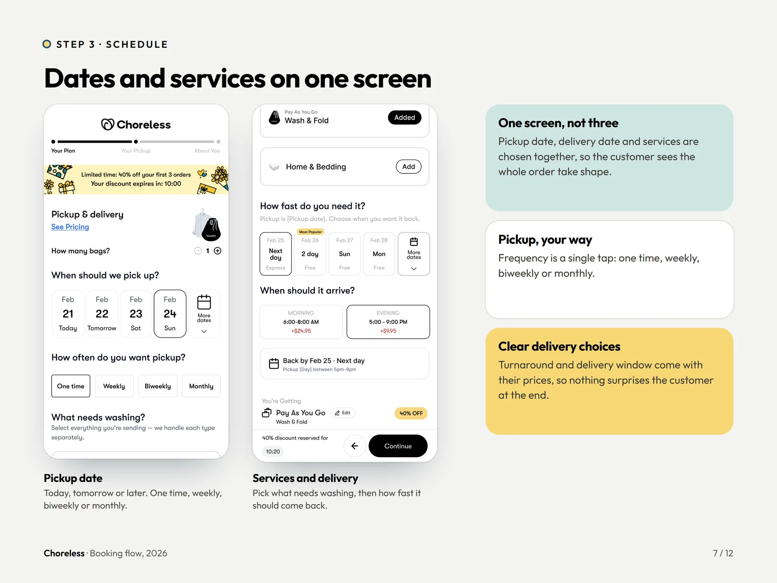 Choreless booking step three: pickup date, frequency, laundry services and delivery speed chosen on one mobile screen