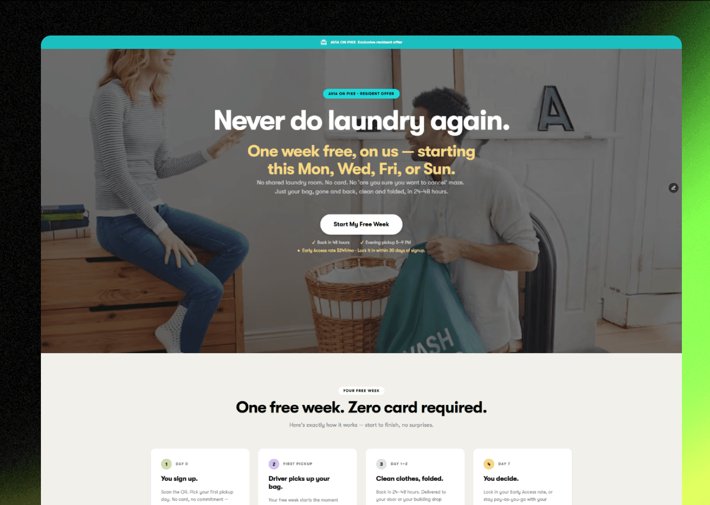 Avia on Pike resident-exclusive landing page offering a free first week of laundry service with a four-step signup flow