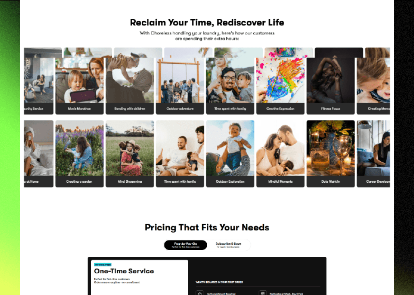 Photo mosaic titled "Reclaim Your Time, Rediscover Life" showing Choreless customers spending their reclaimed time on family activities, hobbies, and self-care