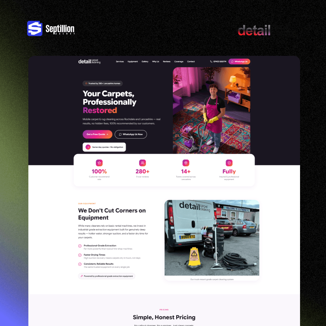 Detail Carpet Cleaning homepage showing the custom-built site and professional-grade cleaning equipment