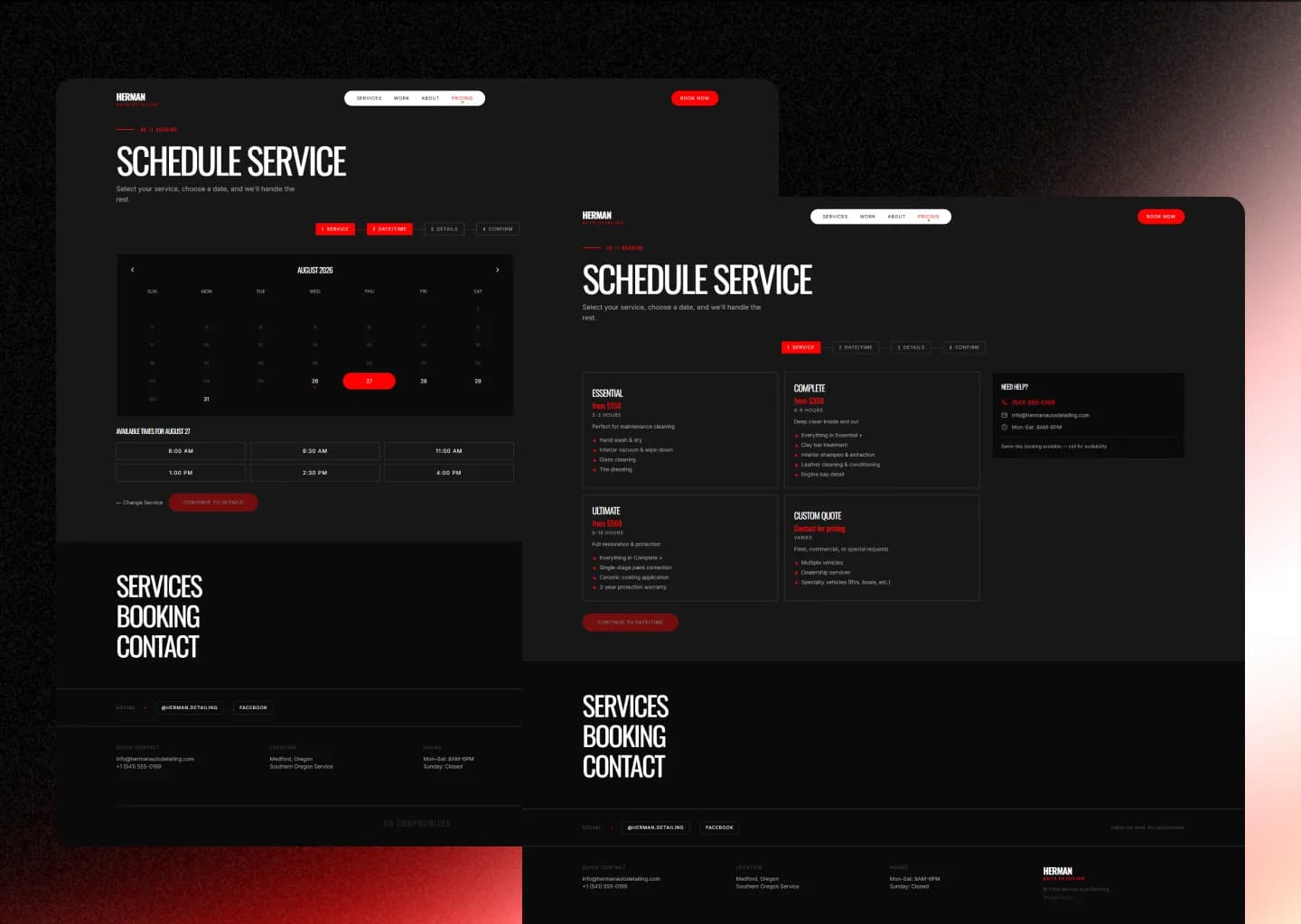 Herman Auto Detailing's four-step booking flow — service, date and time, details, confirm — showing package cards and a live calendar with available times