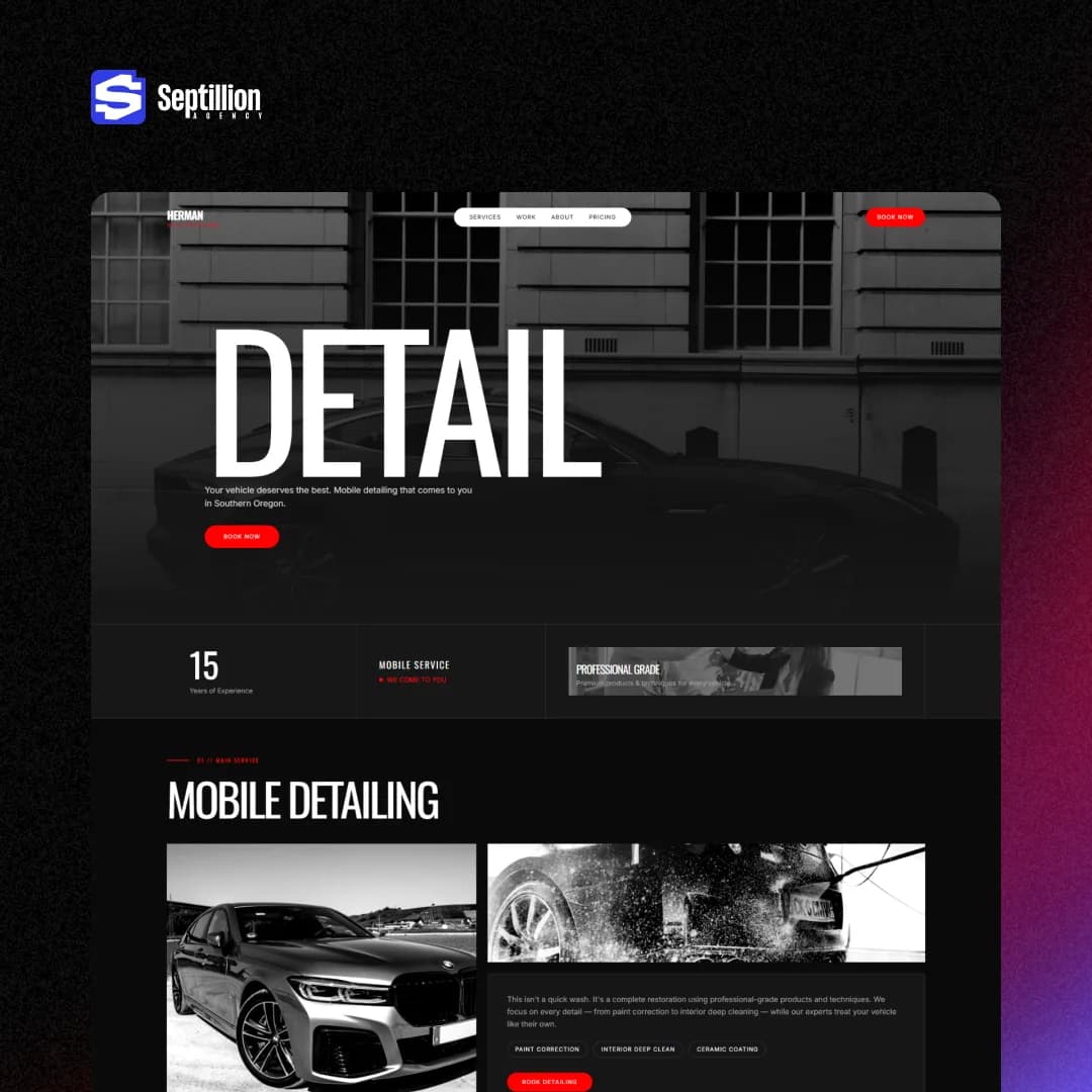 Herman Auto Detailing homepage hero with a black-and-white car and the oversized DETAIL headline
