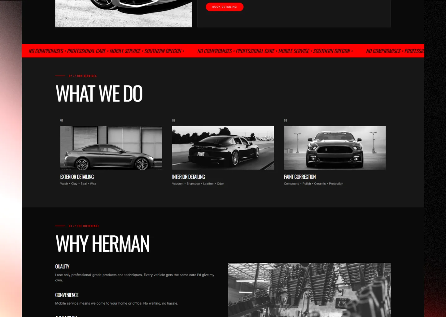 Herman Auto Detailing's What We Do section showing exterior detailing, interior detailing and paint correction under a repeating marquee strip