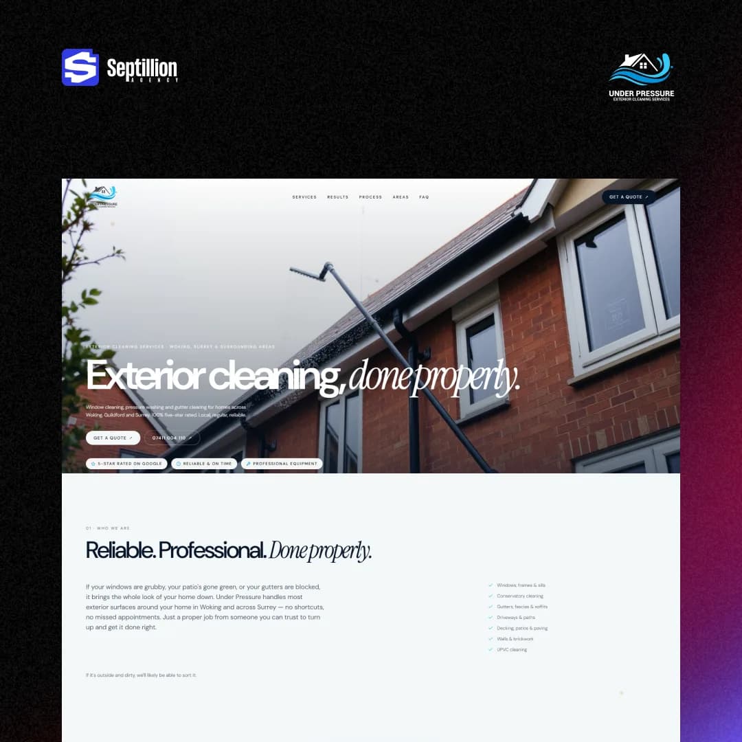 Under Pressure website hero showing gutter cleaning on a UK home under the headline Exterior cleaning, done properly