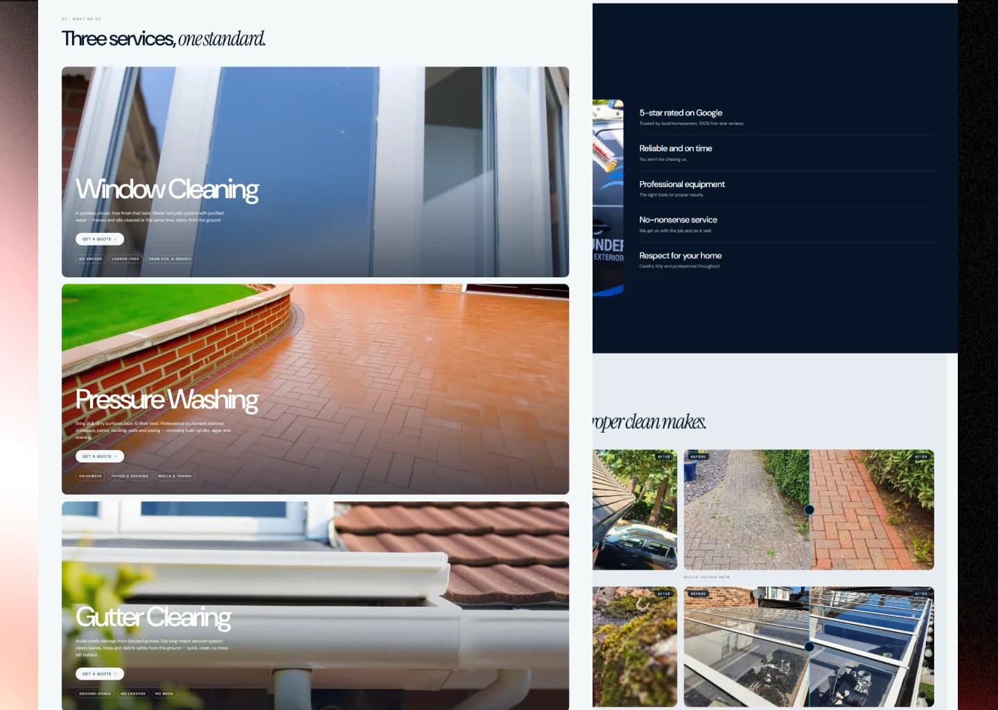 Under Pressure services section showing window cleaning, pressure washing and gutter clearing, beside a why-choose-us panel and before-and-after cleaning results