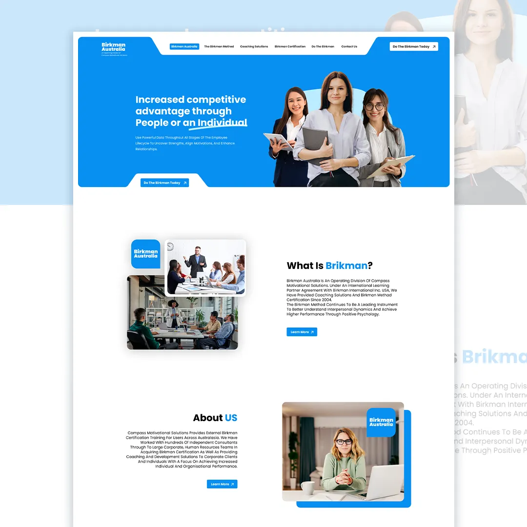 Birkman Australia website homepage — blue hero with three consultants, then the What is Birkman and About us sections